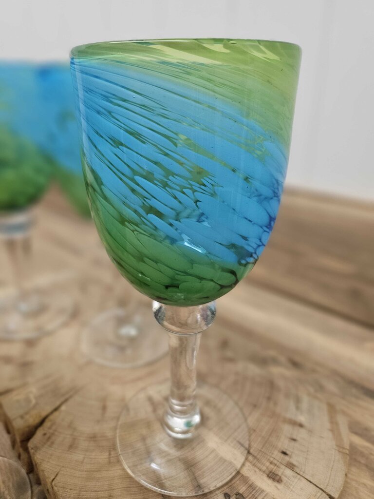 Set of 4 handblown blue/green swirled glass goblets