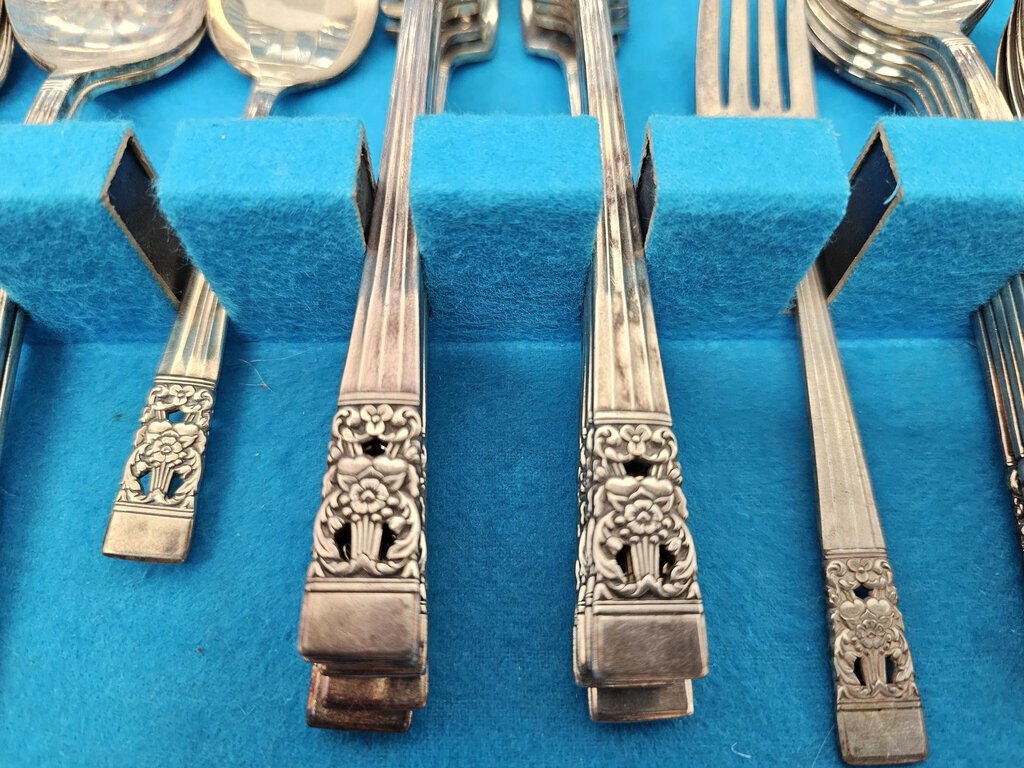 Vintage 52-piece "Community" flatware set in painted original box w/blue velvet lining