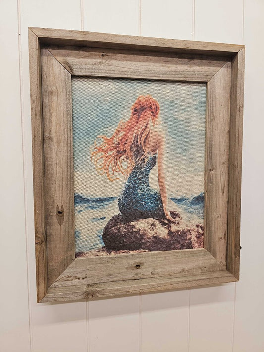 Red Hair Mermaid on Linen w Handmade Barn Wood Frame