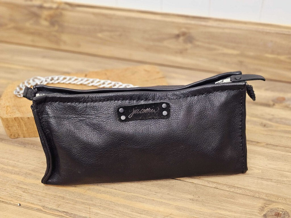 WDDM Studio - Handcrafted Black Leather purse w/silver chain