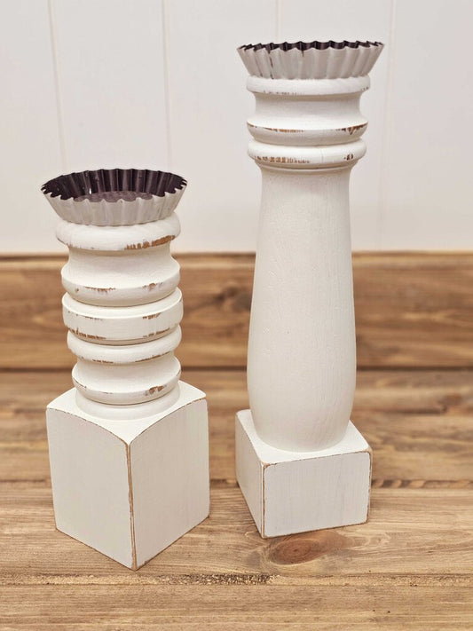 Pair of white wood candlesticks