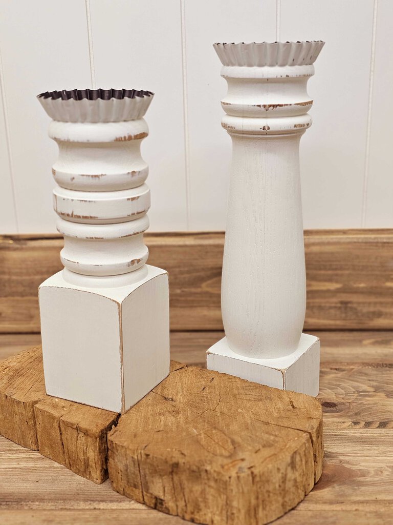 Pair of white wood candlesticks