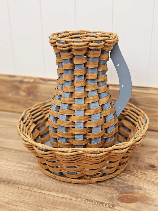 2-piece handmade woven wood/rattan pitcher and bowl