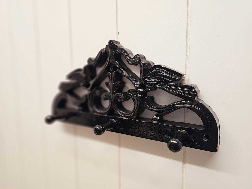 Black wall hook hanging w/decorative birds