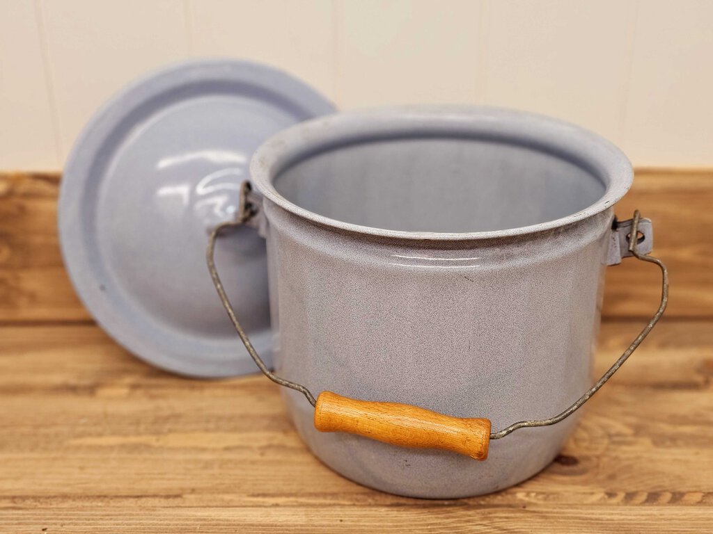 Vintage blue enameled pot with lid