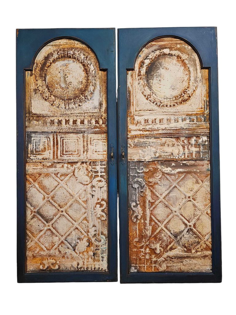 Handmade pair of repurposed doors w/tin ceiling tiles