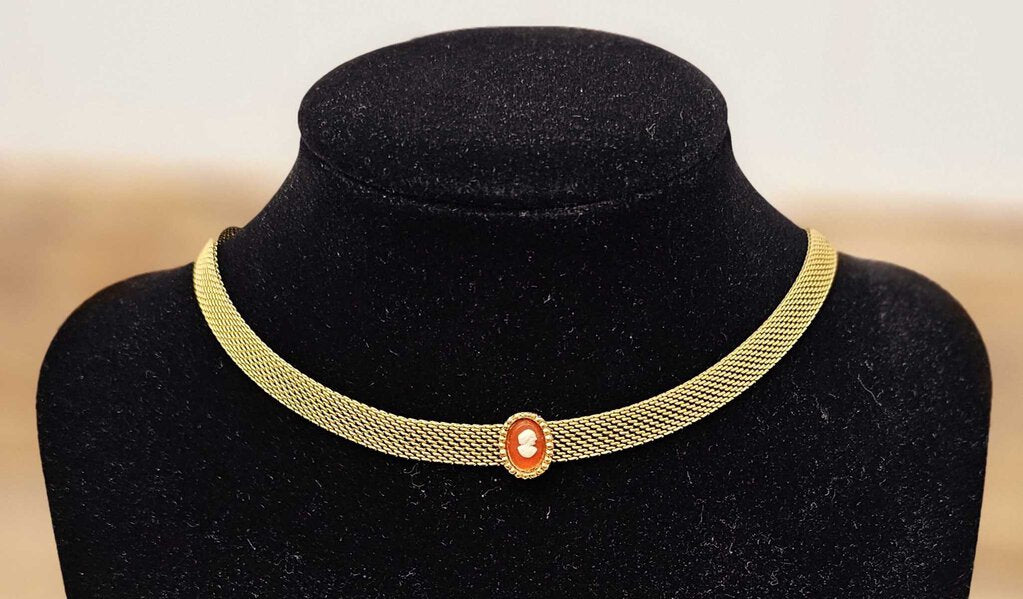 Vintage 1920s Gold Mesh Choker w/mini Cameo