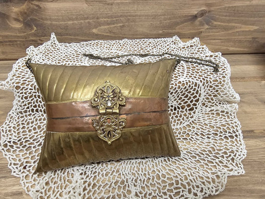 Vintage hardshell brass & copper pillow purse w/blue velvet lining