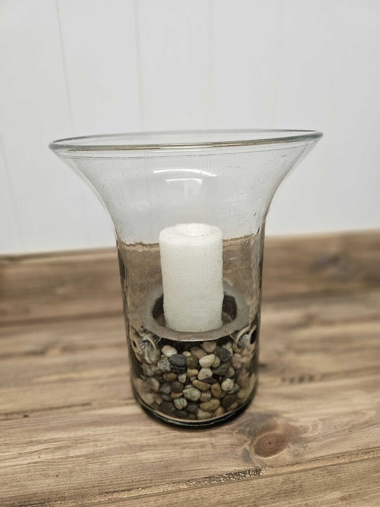 Large glass vase with metal candle holder and rock surround