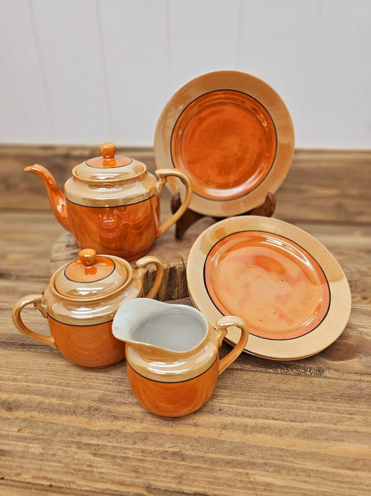 Vintage Orange Lusterware Tea Set