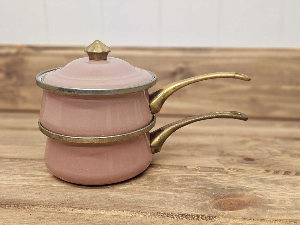 Vintage ASTA Mauve Enamel Cookware 6" Sauce Pot w/ Lid & Single Brass Handle