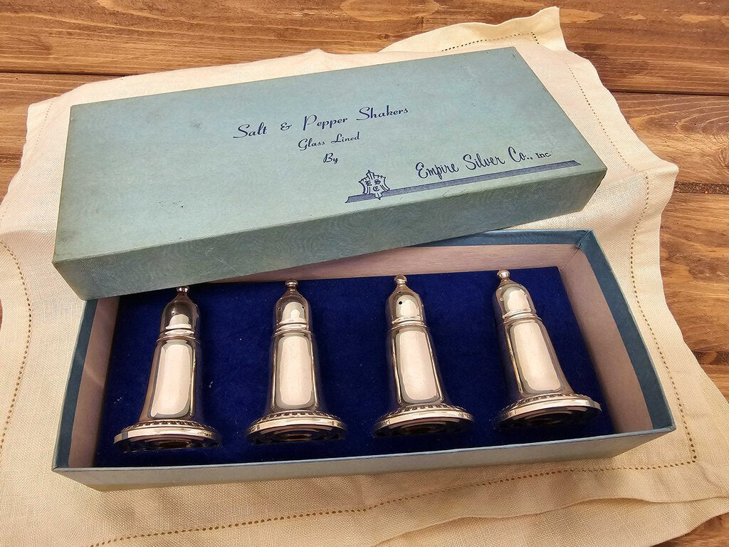 Set of Four Vintage Sterling Salt and Pepper Shaker set in original box