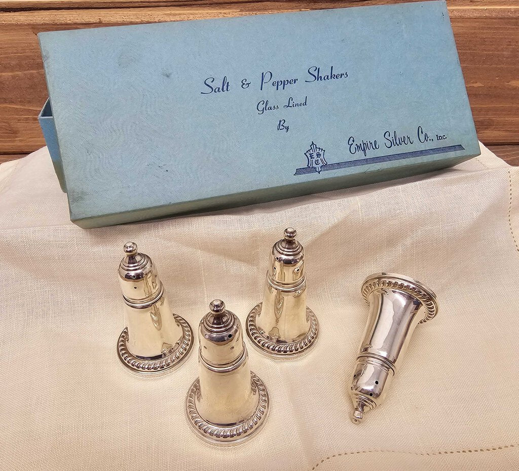 Set of Four Vintage Sterling Salt and Pepper Shaker set in original box