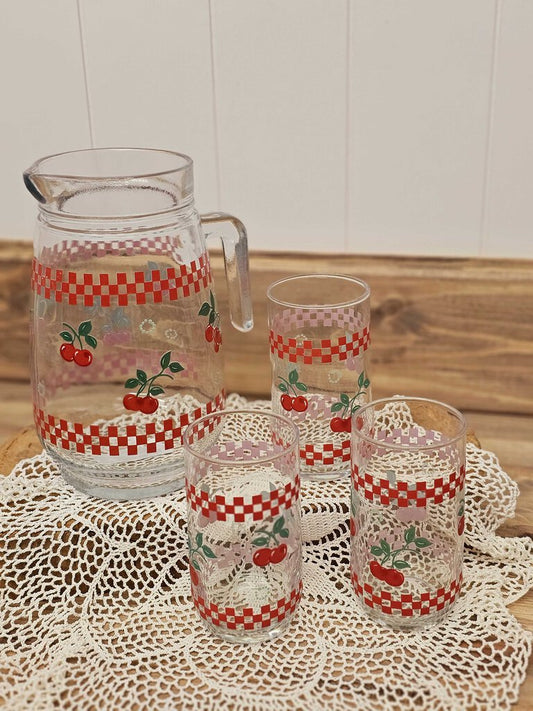 Vintage Kig Malaysia Cherries and Checkers pitcher and 3 glasses