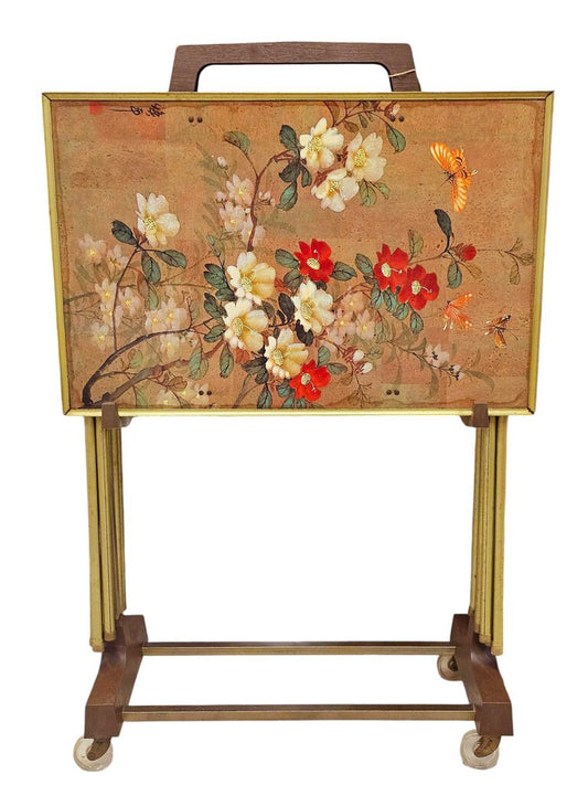 Vintage mid-century floral design metal TV trays