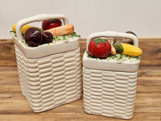 Set of 2 vintage basket-weave canisters w/vegetables