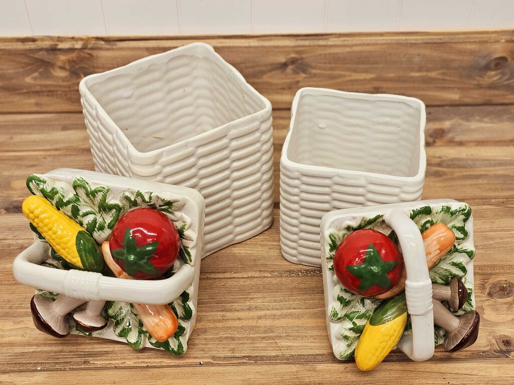 Set of 2 vintage basket-weave canisters w/vegetables