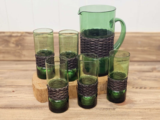 Italian Green Glass Pitcher & 5 Glasses