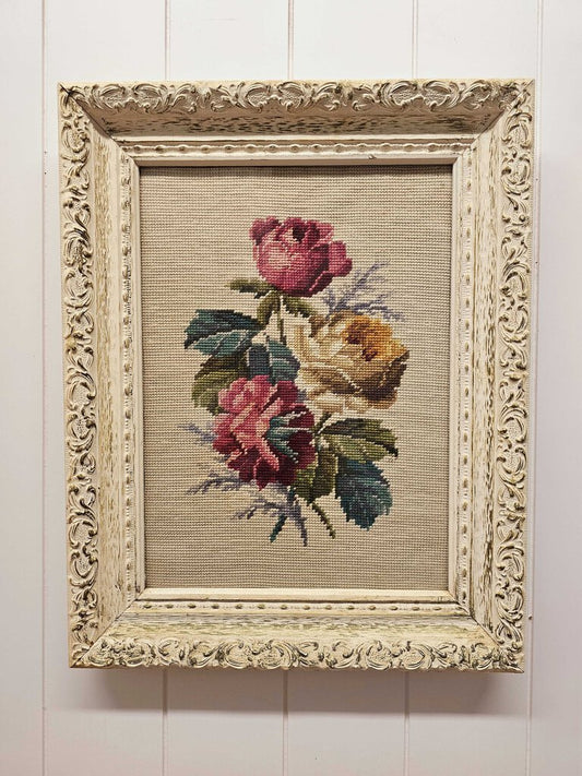 Vintage framed floral cross-stitch