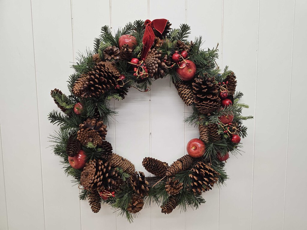 Holiday wreath w/apples, cherries & pinecones