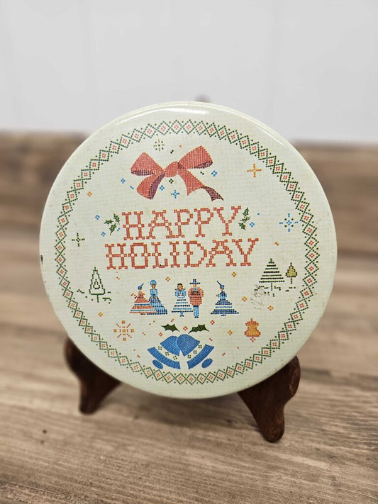 Vintage 'Happy Holiday' country sampler tin