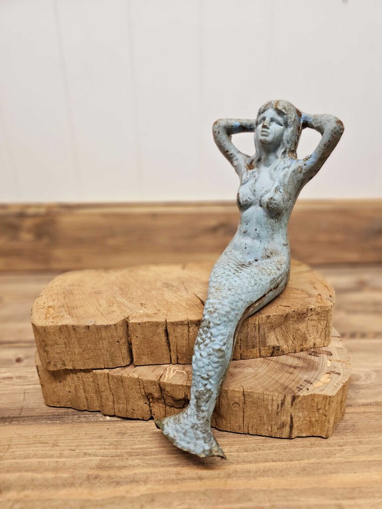 Large chippy turquoise cast iron mermaid shelf sitter