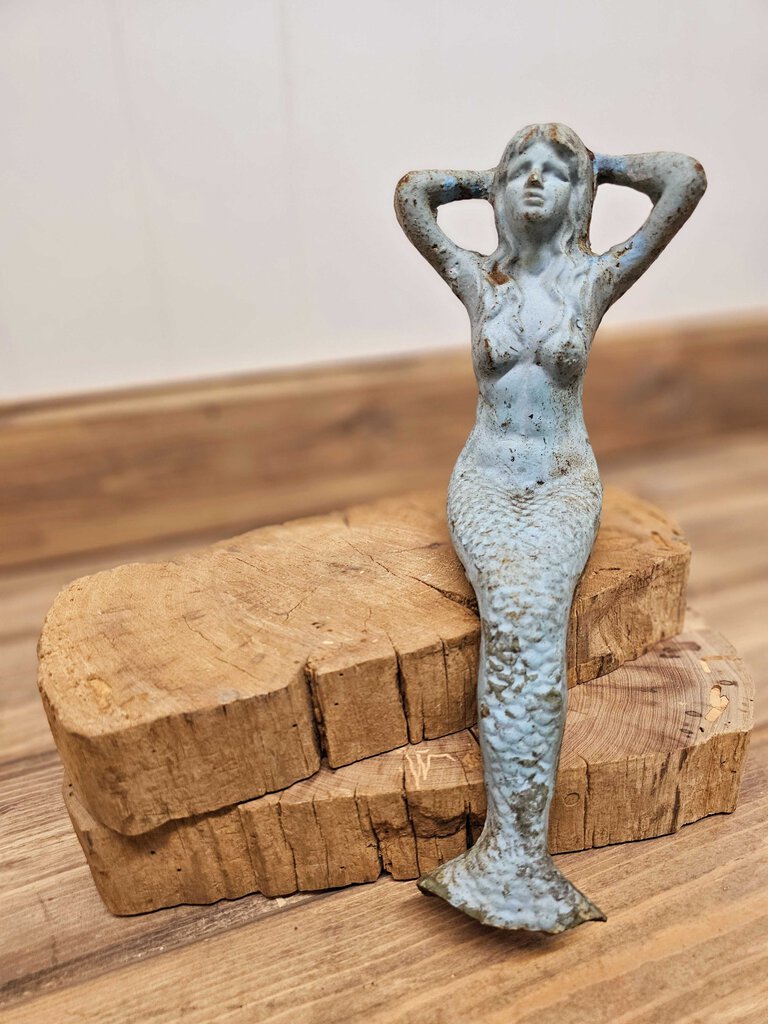 Large chippy turquoise cast iron mermaid shelf sitter