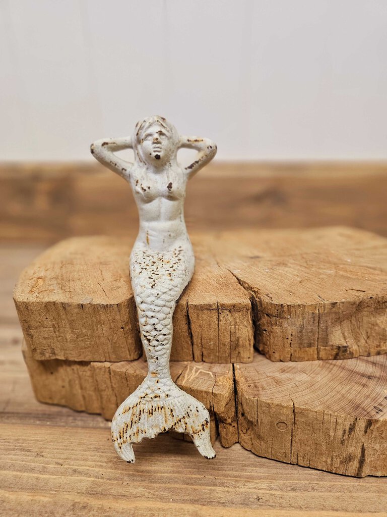 Small chippy white cast iron mermaid shelf sitter