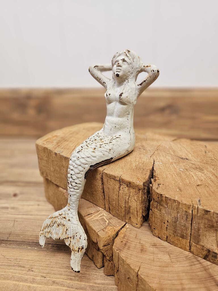 Small chippy white cast iron mermaid shelf sitter