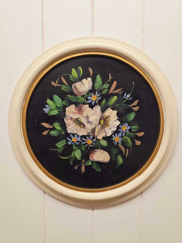 Vintage round framed floral painting