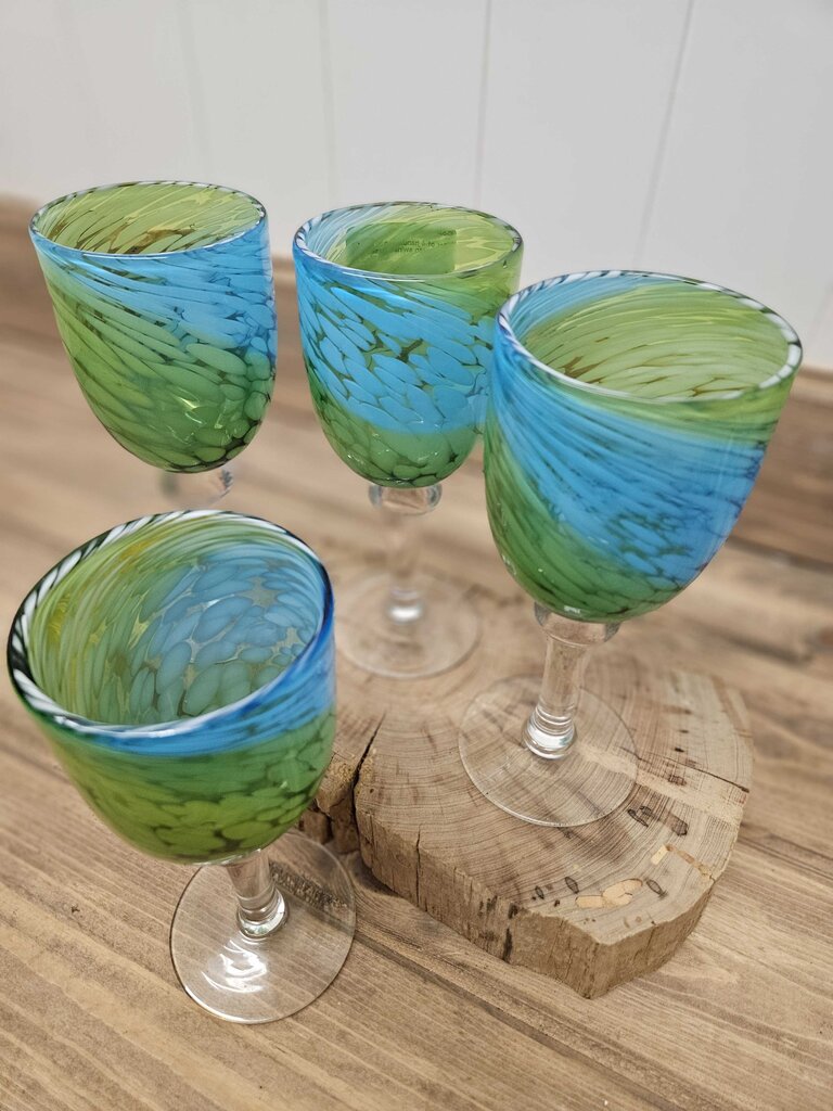 Set of 4 handblown blue/green swirled glass goblets