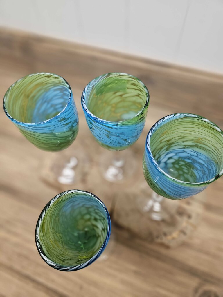 Set of 4 handblown blue/green swirled glass goblets