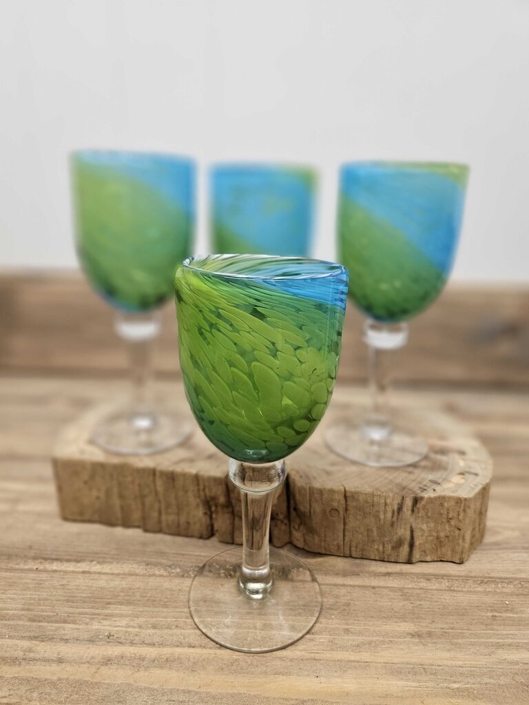 Set of 4 handblown blue/green swirled glass goblets