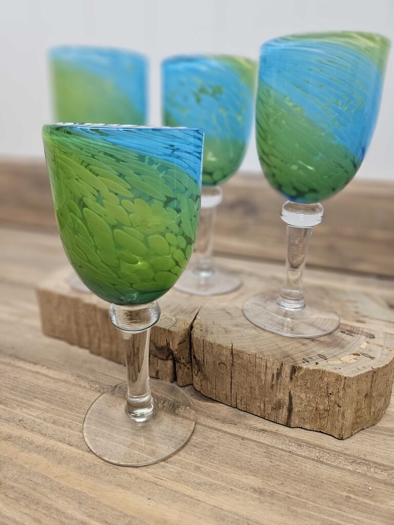 Set of 4 handblown blue/green swirled glass goblets