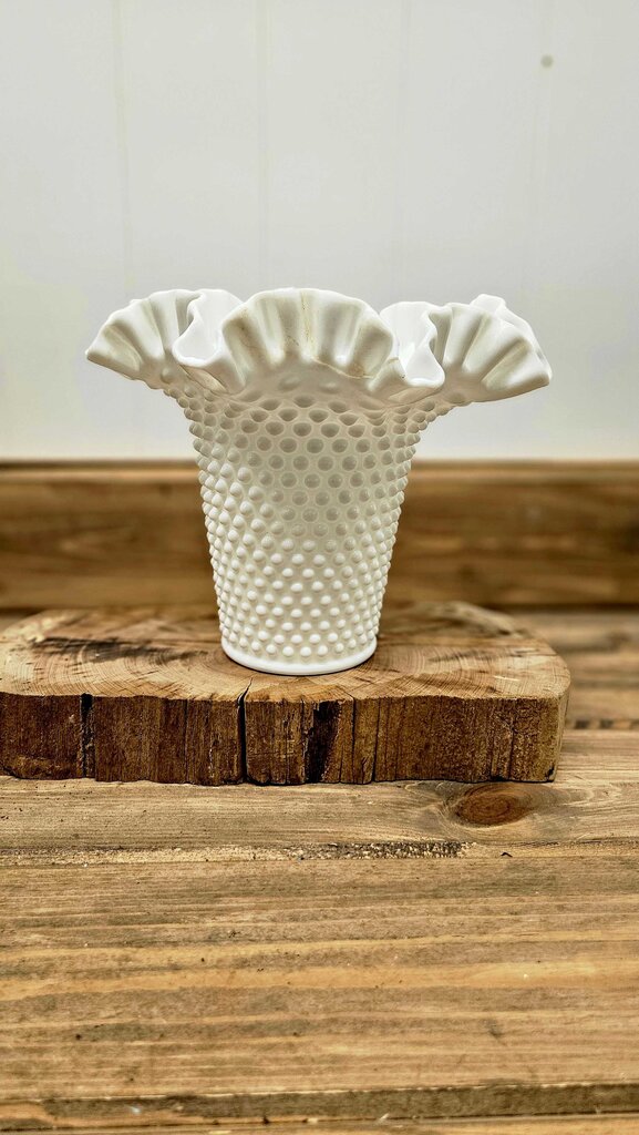 VTG Hobnail Milk Glass Ruffle Vase